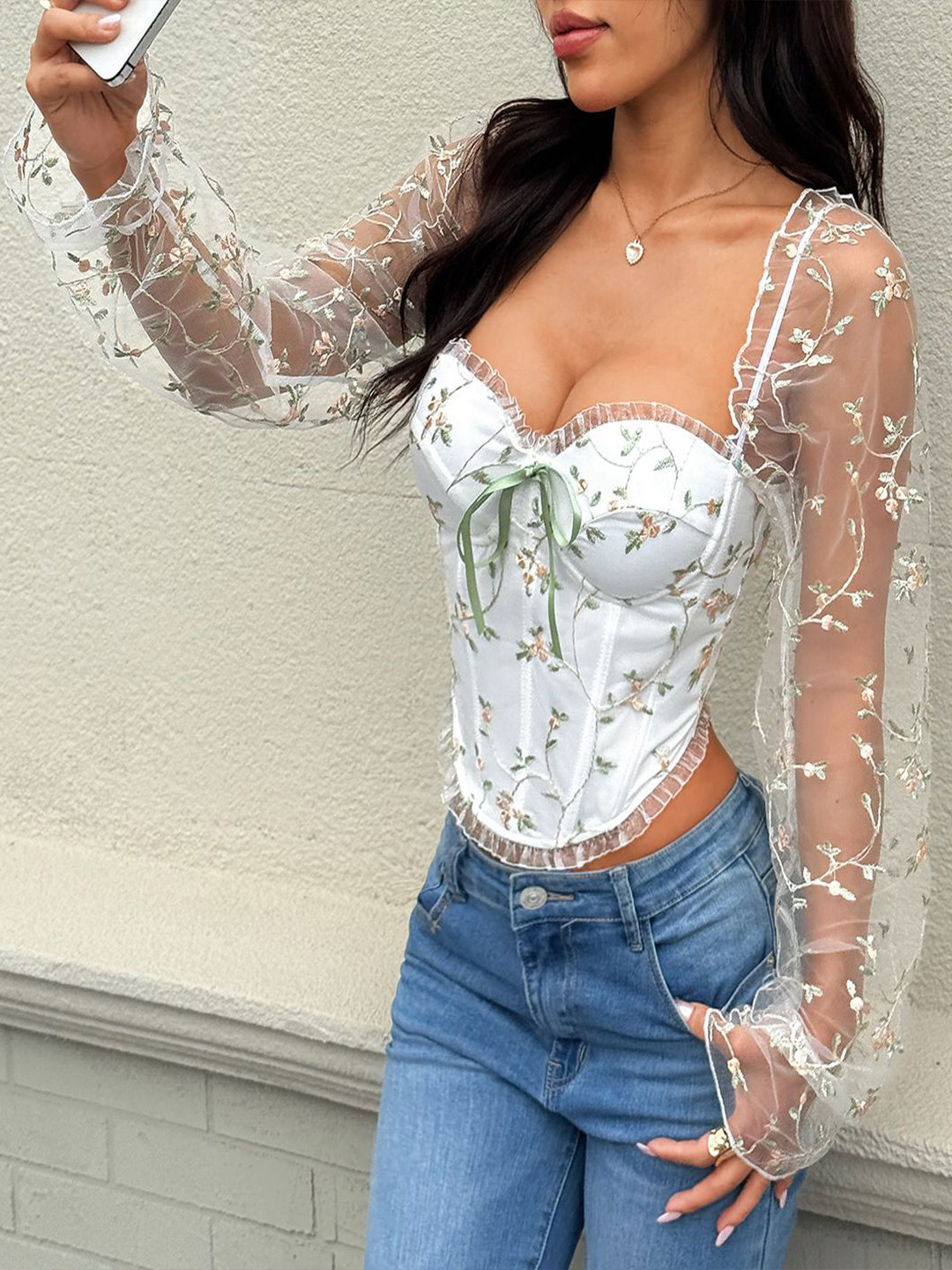 StyleCast x Revolte Women Floral Embroider Sweetheart Neck Puff Sleeve Net Corset Crop Top