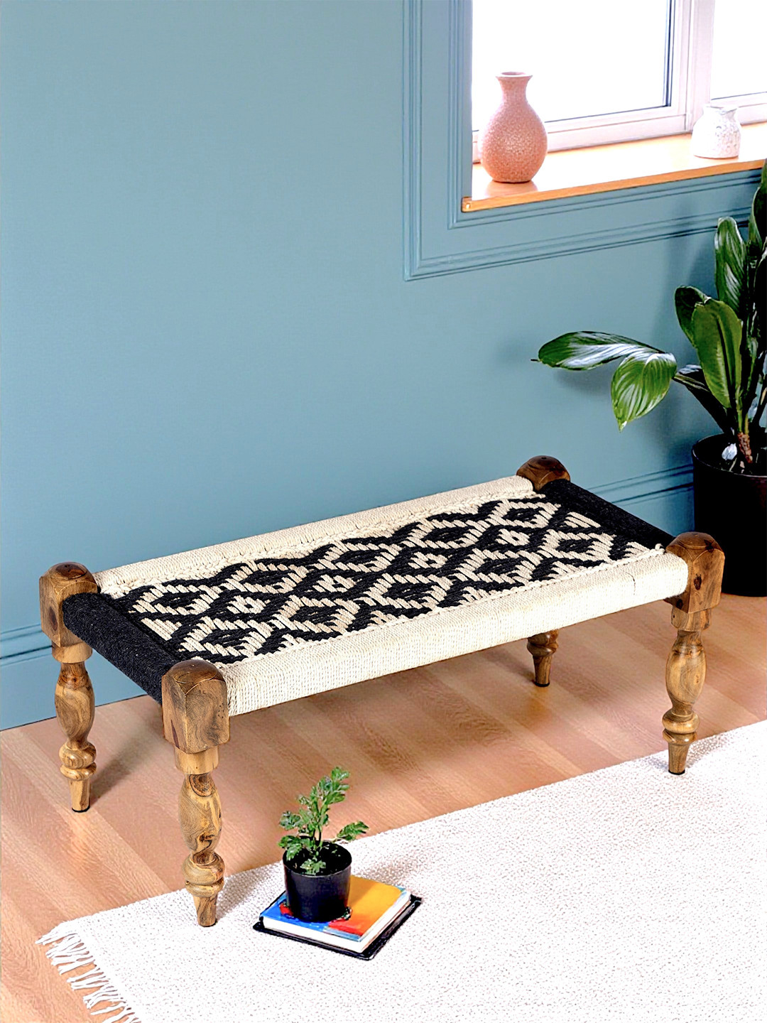 Ikiriya Oakville Sheesham Wood Vintage 2 Seater Maachi Bench In Black & White Rope Canning