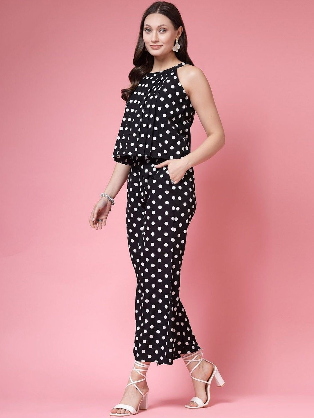 Women Polka Dot Viscose Rayon Crop Top & Pants Co-Ords