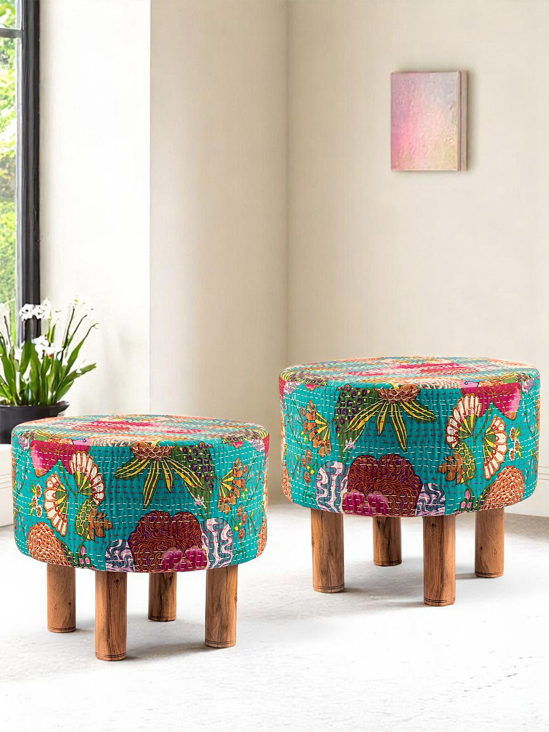 Ikiriya Solid Wood Round Set Of 2 Ottomans In Sea Green Fruit Print Kantha Upholstery
