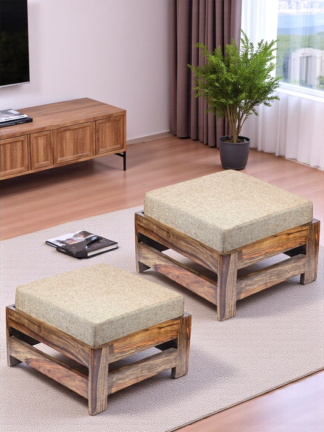 Ikiriya Sheesham Wood Set Of 2 Foot Stools In Teak Finish With Jute Beige Cushion