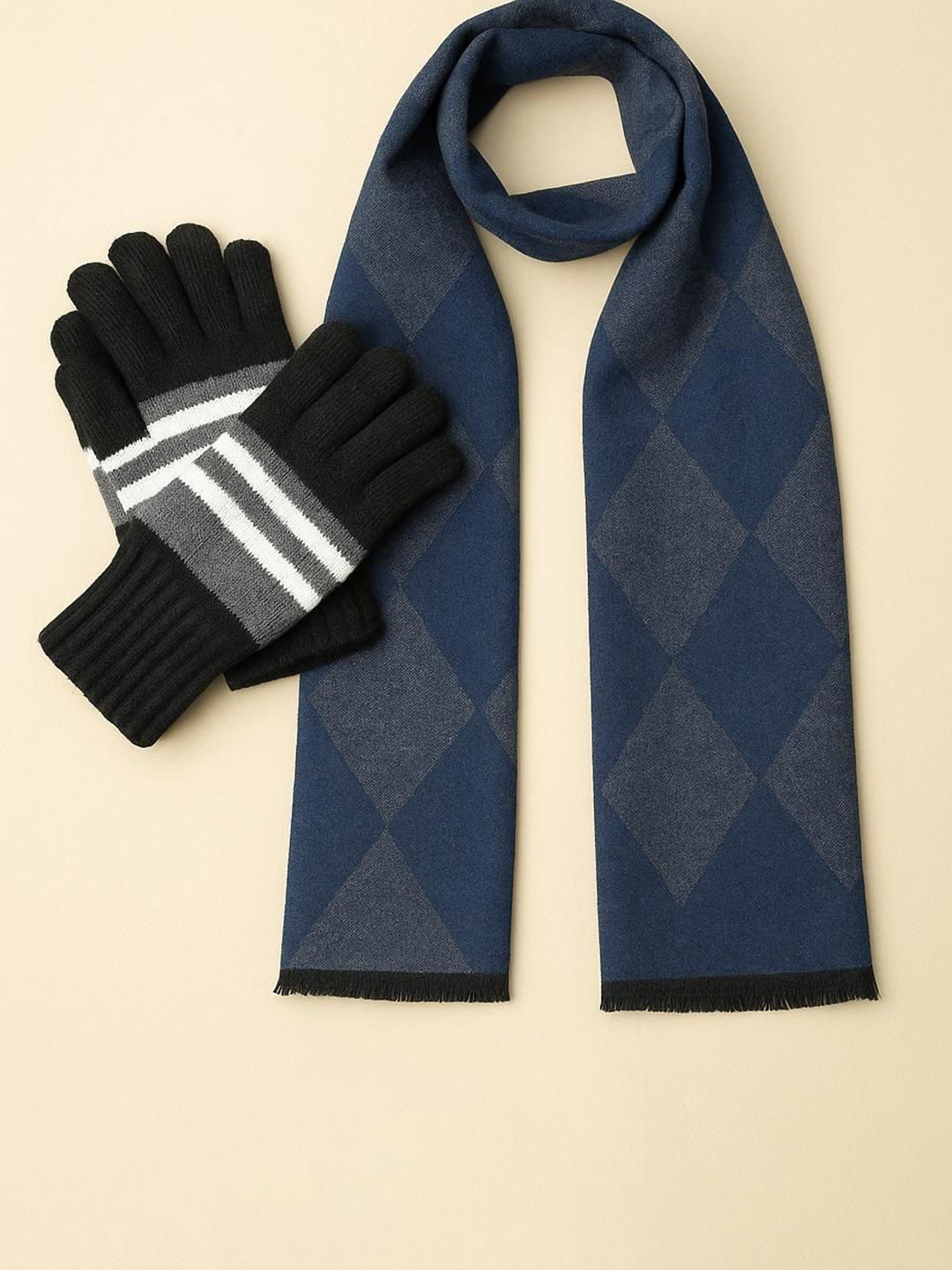 LOOM LEGACY Men Striped Woollen Gloves with Muffler