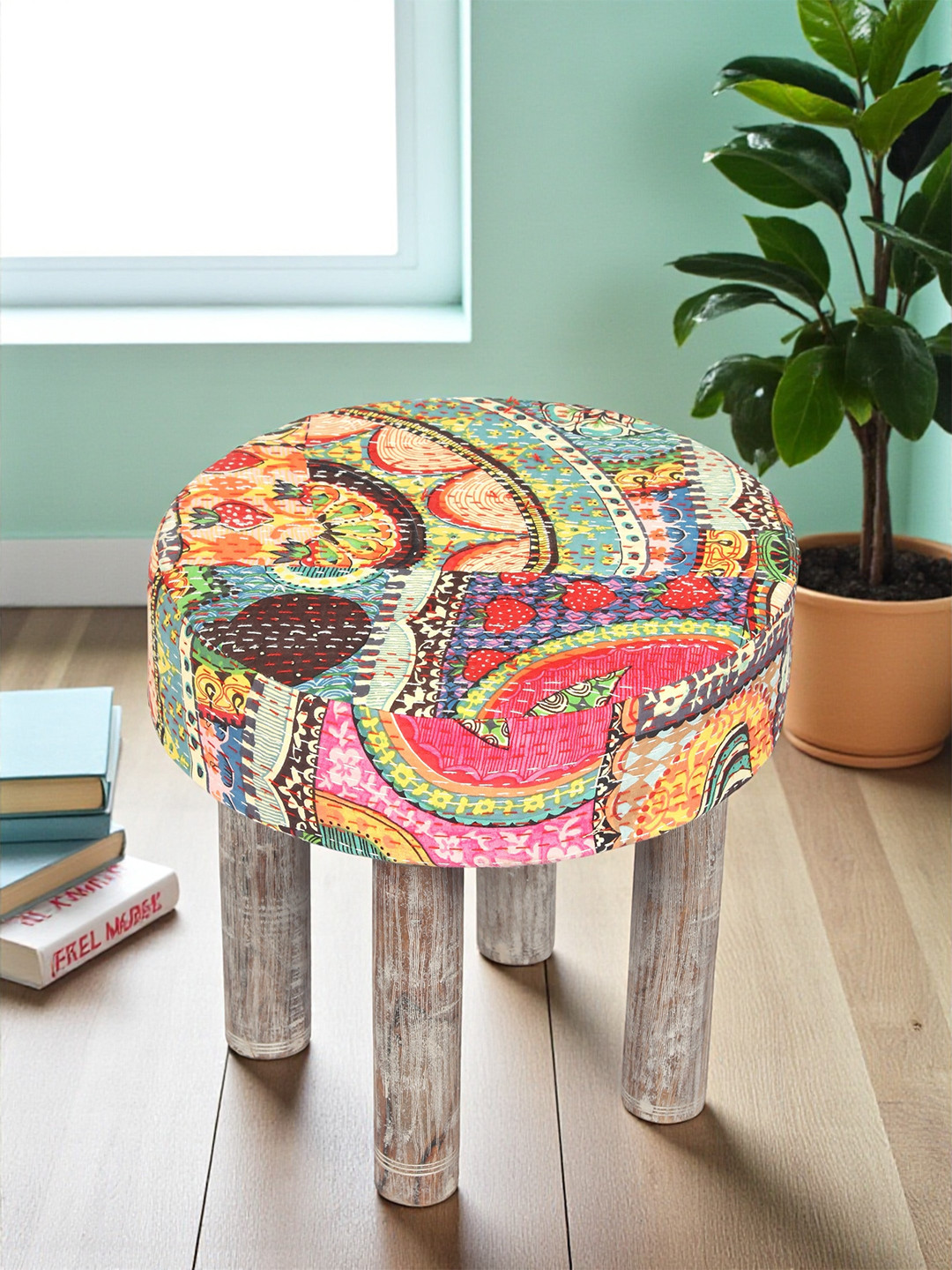 Ikiriya Sheesham Wood Bohemian Round Stool In Israel Print Patchwork Kantha Upholstery