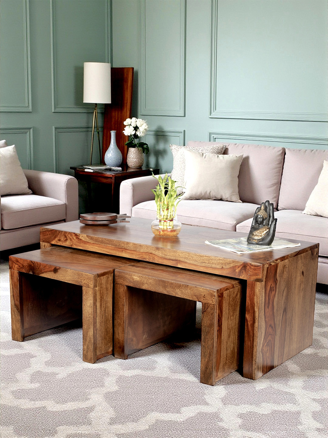 Ikiriya Sheesham Wood Contemporary Coffee Table Set In Teak Finish