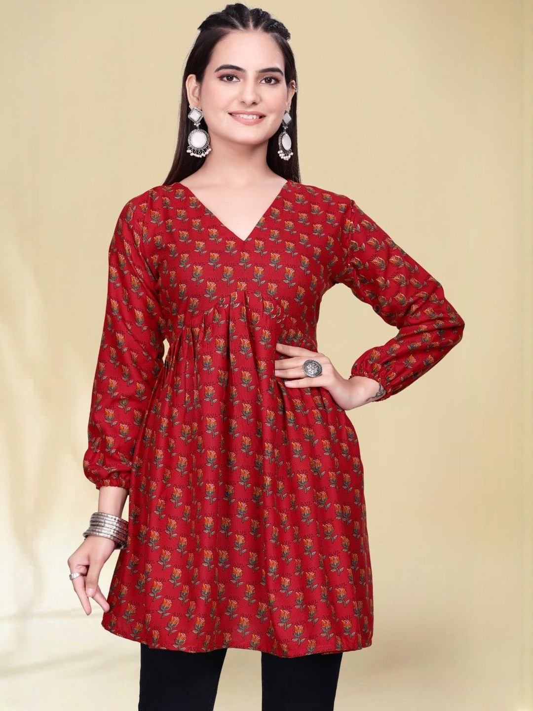 Tradenest International Women V-Neck Floral Print Puff Sleeves Top