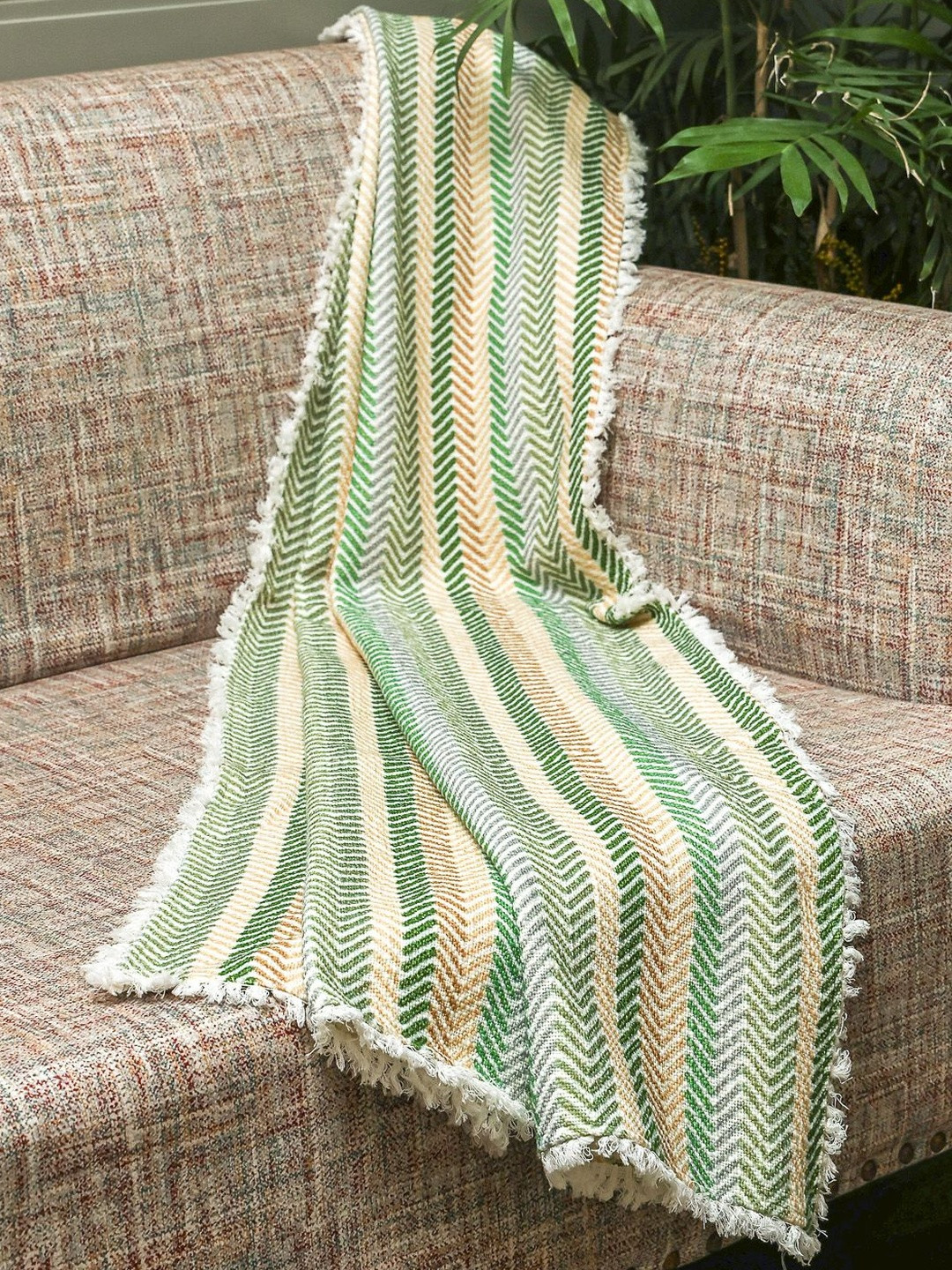 Crown of Poppies Green Striped Cotton Palm Stories Throw