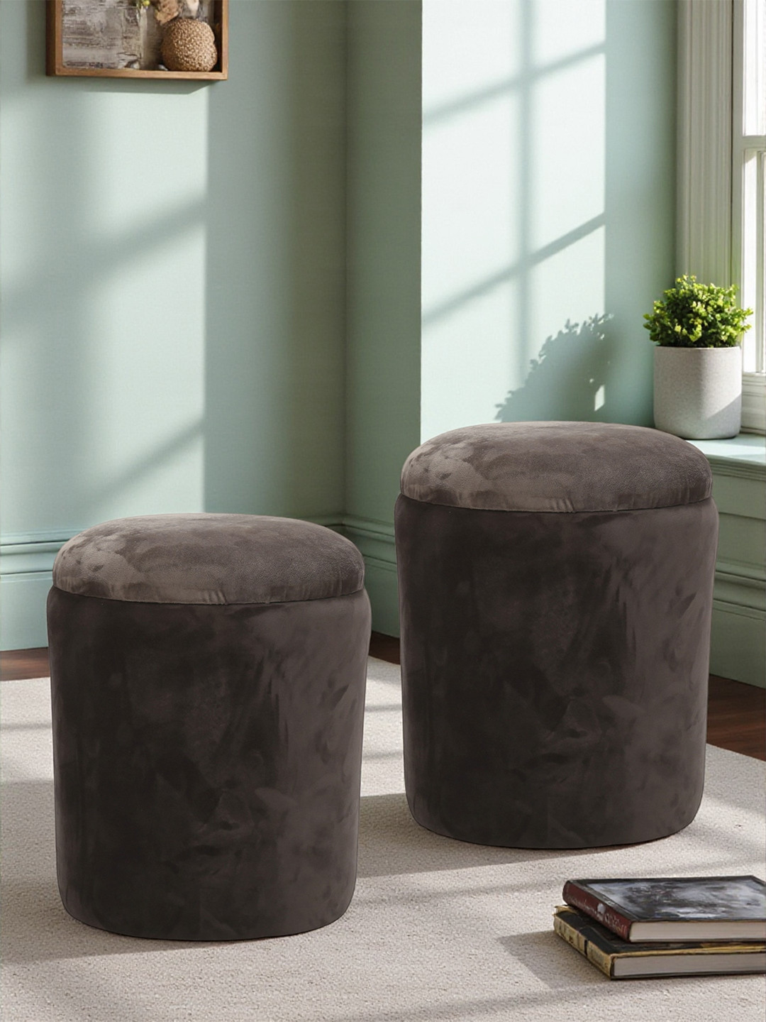 Ikiriya Wayne Solid Wood Accent Round Set Of 2 Pouffees In Taupe Brown Velvet Upholstery