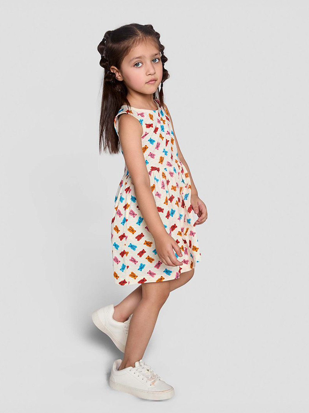 Kiggle Girls Gummy Bear Printed Sleeveless Cotton Fit and Flare Dress