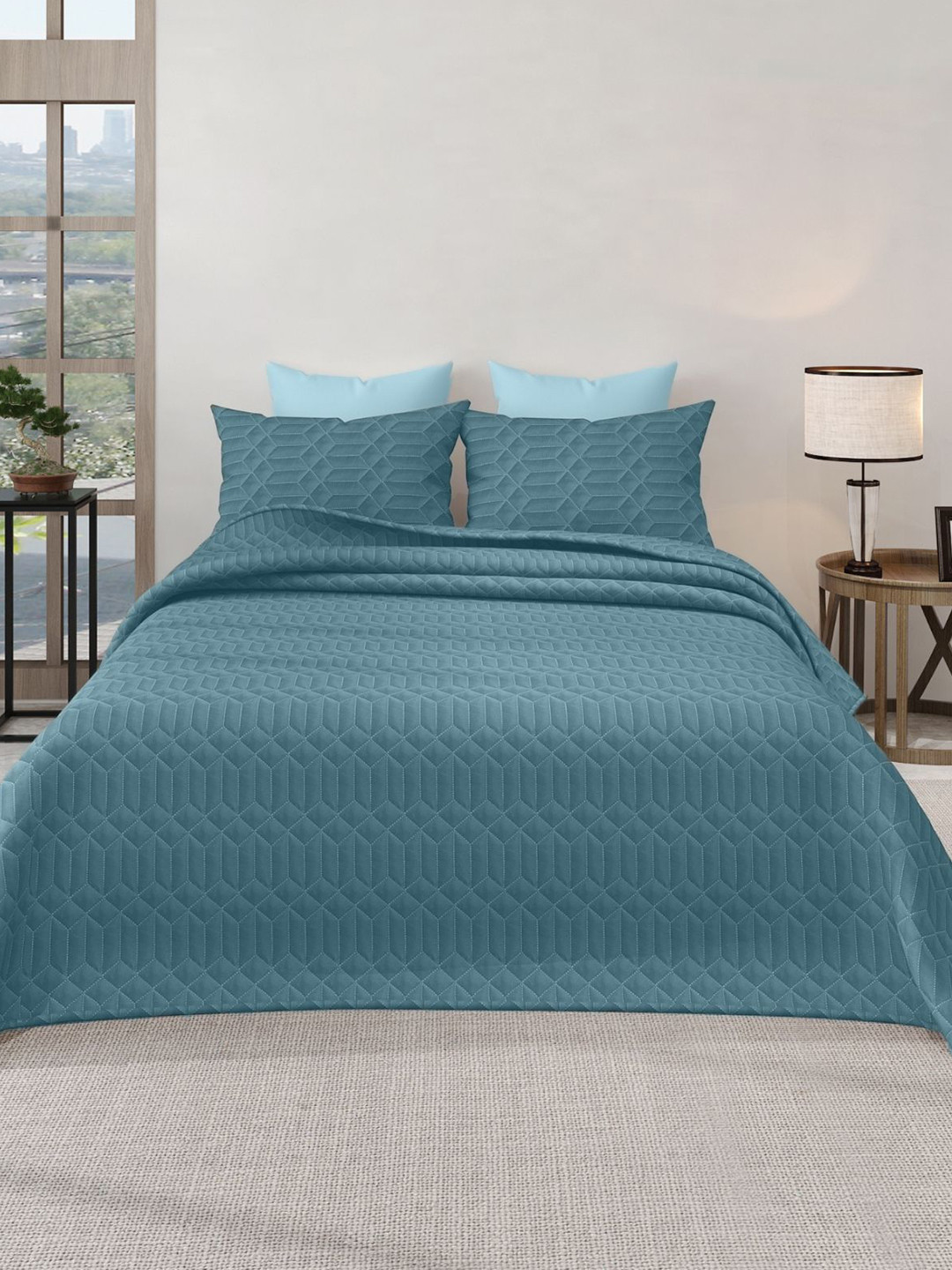LABHAM Azure Blue Quilted 300 GSM Double King Bed Covers With 2 Pillow Covers