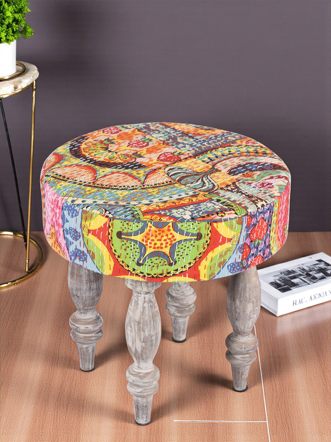 Ikiriya Sheesham Wood Bohemian Round Stool In Israel Print Patchwork Kantha Upholstery