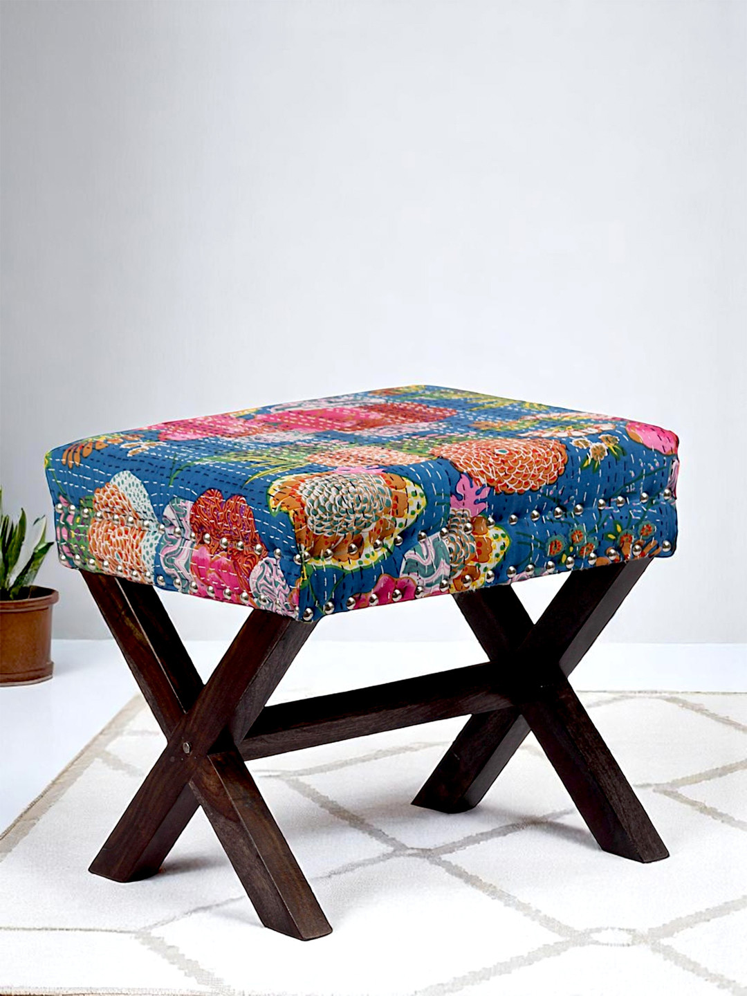 Ikiriya Sheesham Wood Mid Century Rectangle Ottoman In Fruit Print Blue Kantha Upholstery