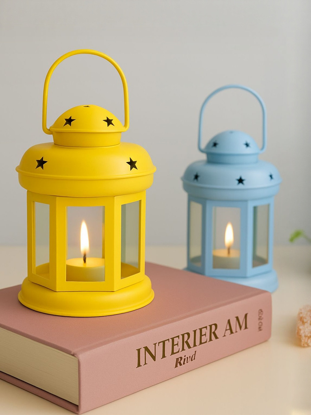 Decorcity Blue & Yellow Set of 2 Lantern Candle Holder