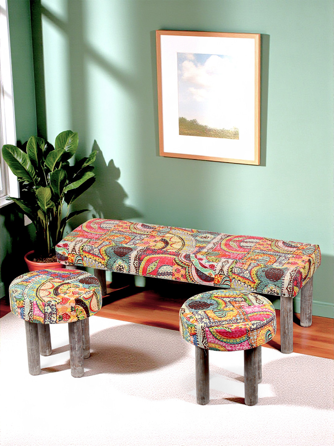 Ikiriya Sheesham Wood 3+1+1 Seat Bench Set With 2 Stools In Israel Patch Print Kantha