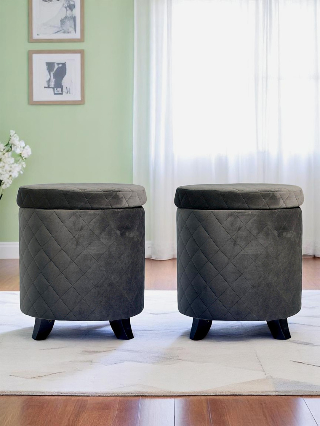 Ikiriya Solid Wood Accent Set Of 2 Ottomans In Iron Grey Velvet Upholstery With Storage