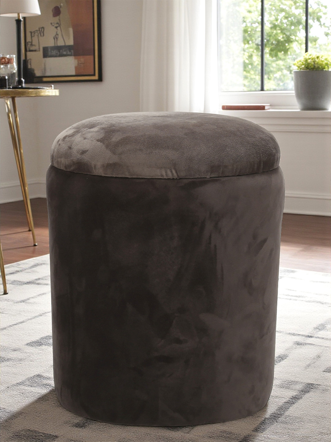 Ikiriya Wayne Solid Wood Ottoman Pouffee In Taupe Brown Velvet