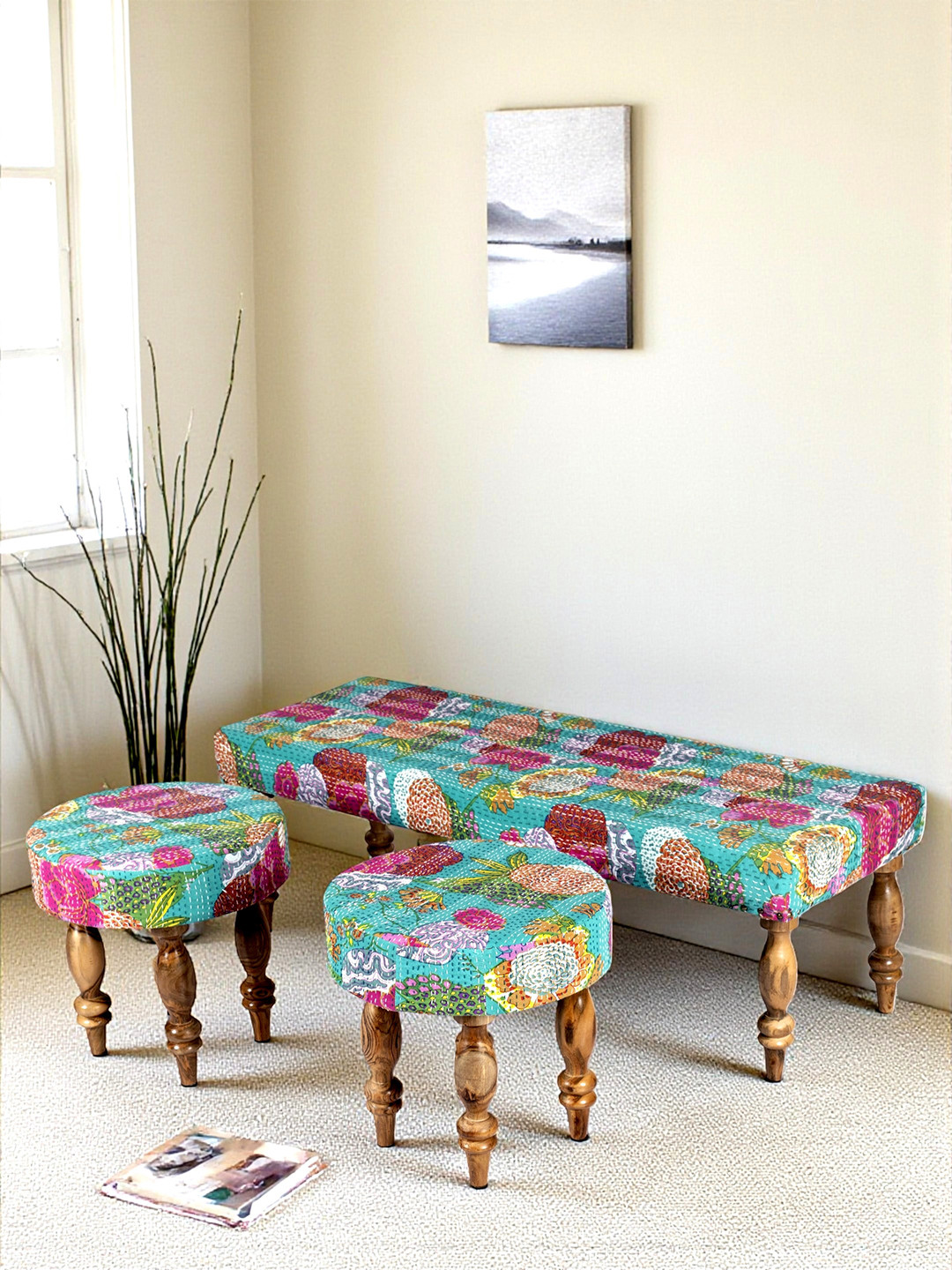 Ikiriya Sheesham Wood Mid Century 3+1+1 Seater Bench Set With 2 Stools In Sea Green Kantha