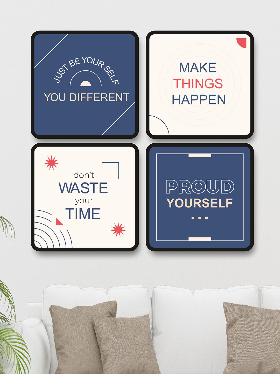 SAF 4 Pcs Blue & Off White Motivational Quotes Painting Wall Art