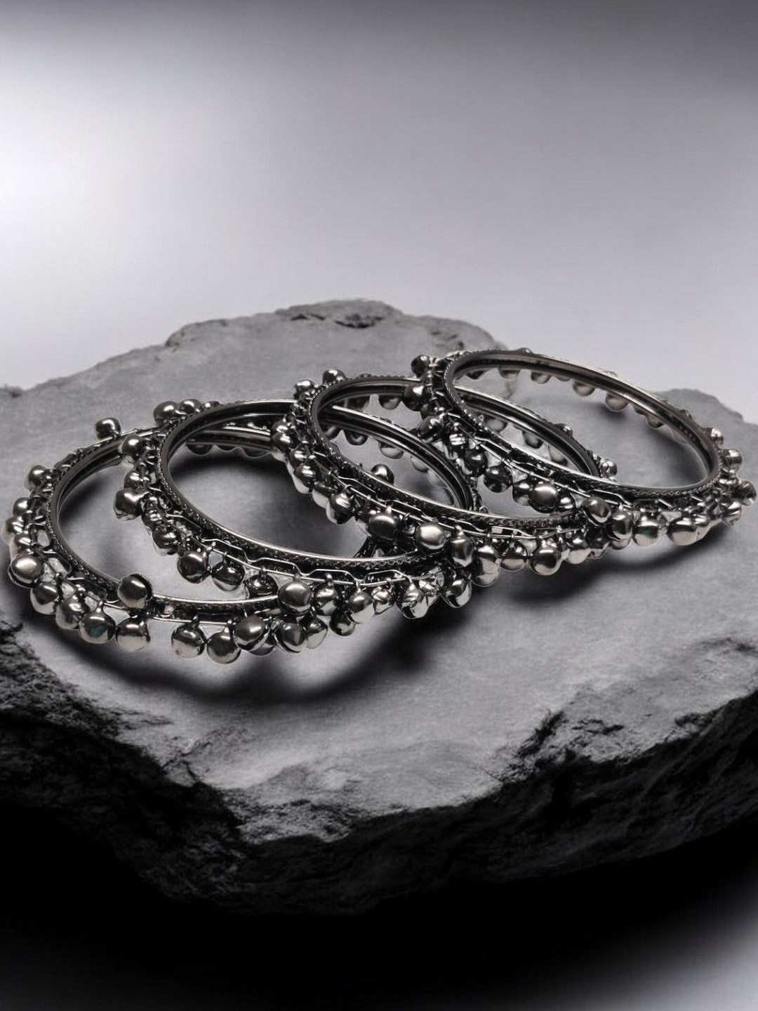 Sangria Set of 4 Black Silver Oxidised Ghungroo Bangle Set