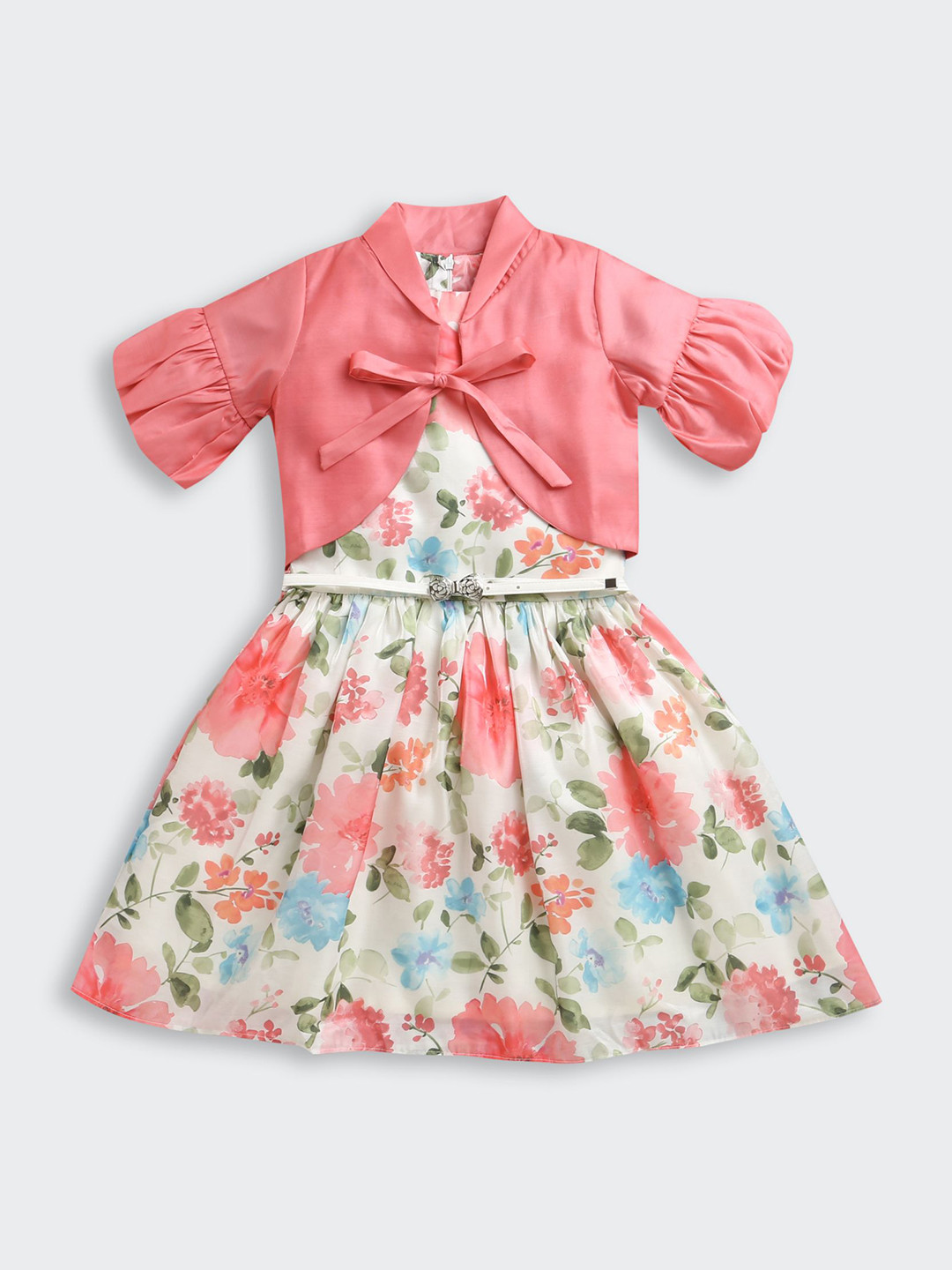 Tiny Girl Floral Printed Puff Sleeve Fit & Flare Dress with Jacket