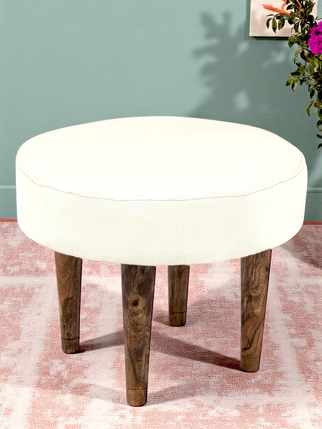 Ikiriya Nayla Sheesham Wood Contemporary Round Stool In Jute White Upholstery