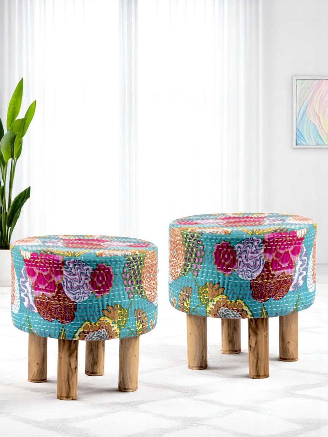 Ikiriya Solid Wood Round Set Of 2 Pouf Stools In Sea Green Fruit Print Kantha Fabric
