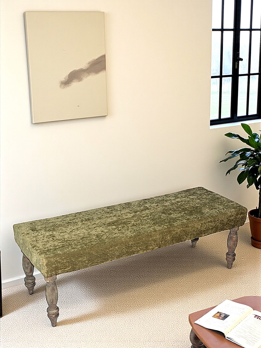 Ikiriya Cairo Sheesham Wood Accent 3 Seater Bench In Green Sparkle Velvet