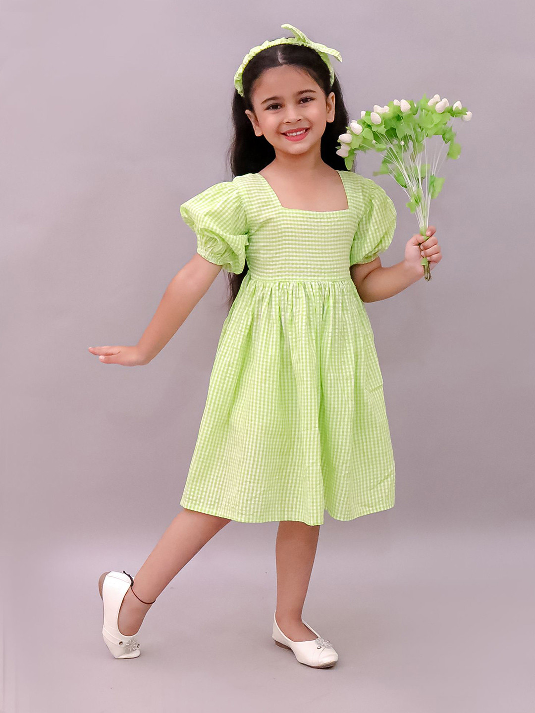 LITTLE GINNIE Girls Gingham Checked Puff Sleeve Empire Midi Dress