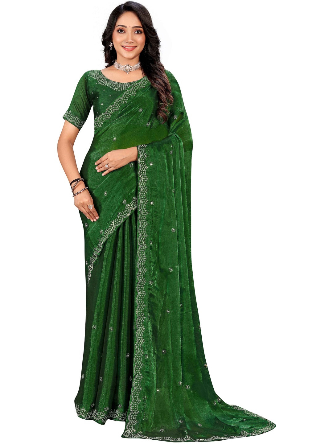 MODEHEAVEN Beads and Stones Geometric Embellished Saree With Blouse Piece