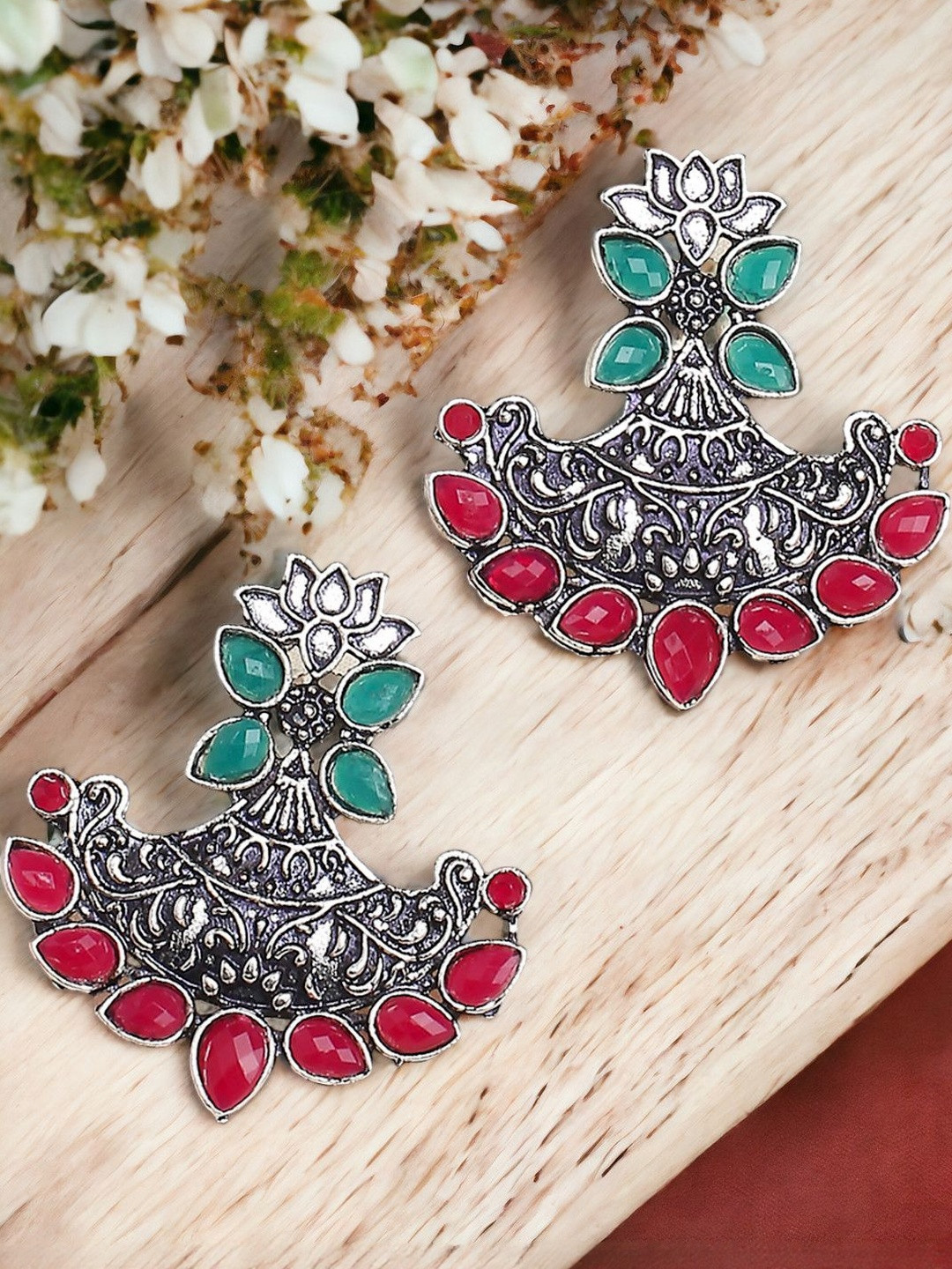 fabula Artificial Stones Studded Oxidised Lotus Shaped Drop Earrings