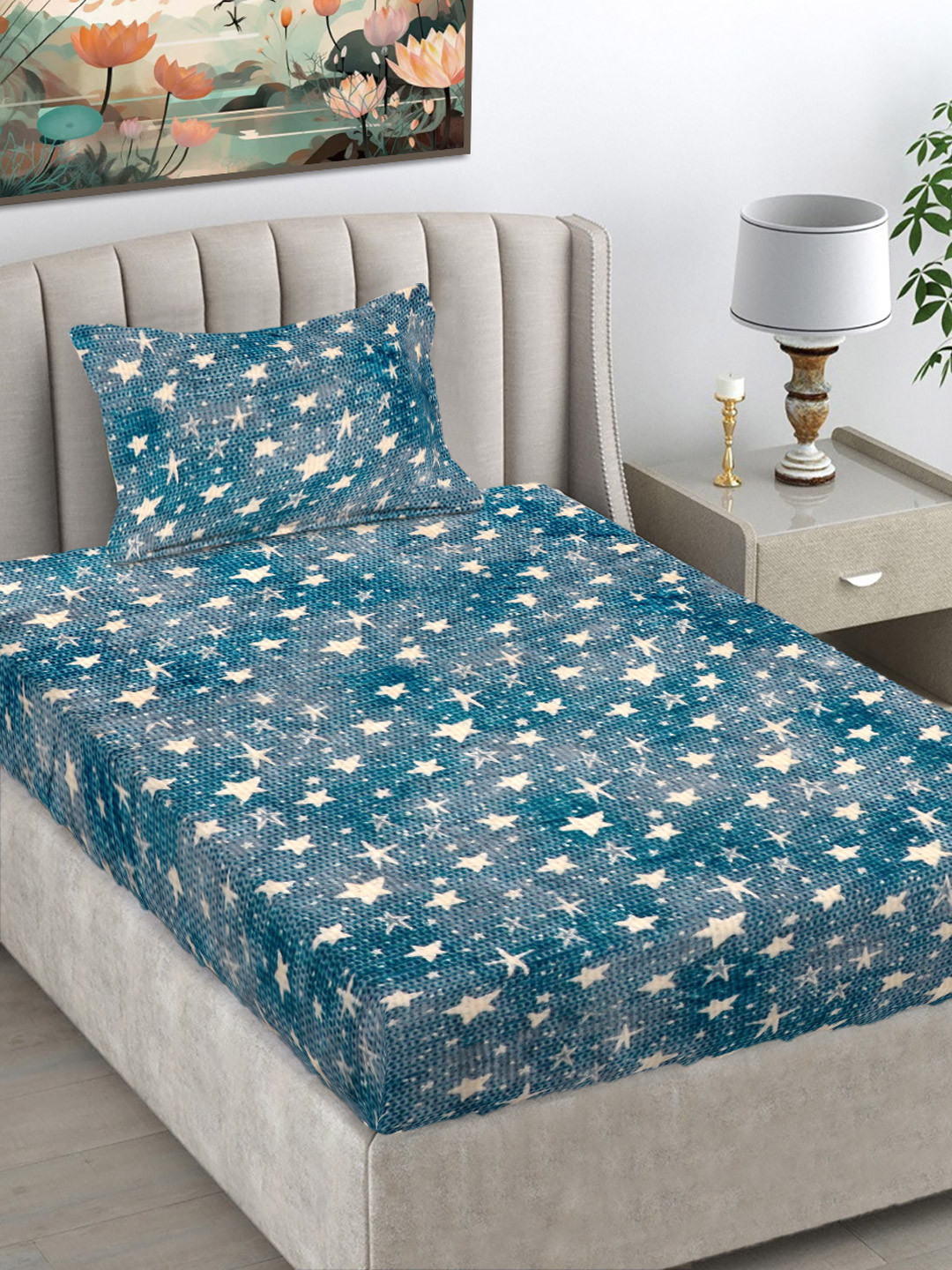 FABINALIV Turquoise Blue & Whit Printed Woollen 300 TC Single Bedsheet Set 2.2 m x 1.5 m