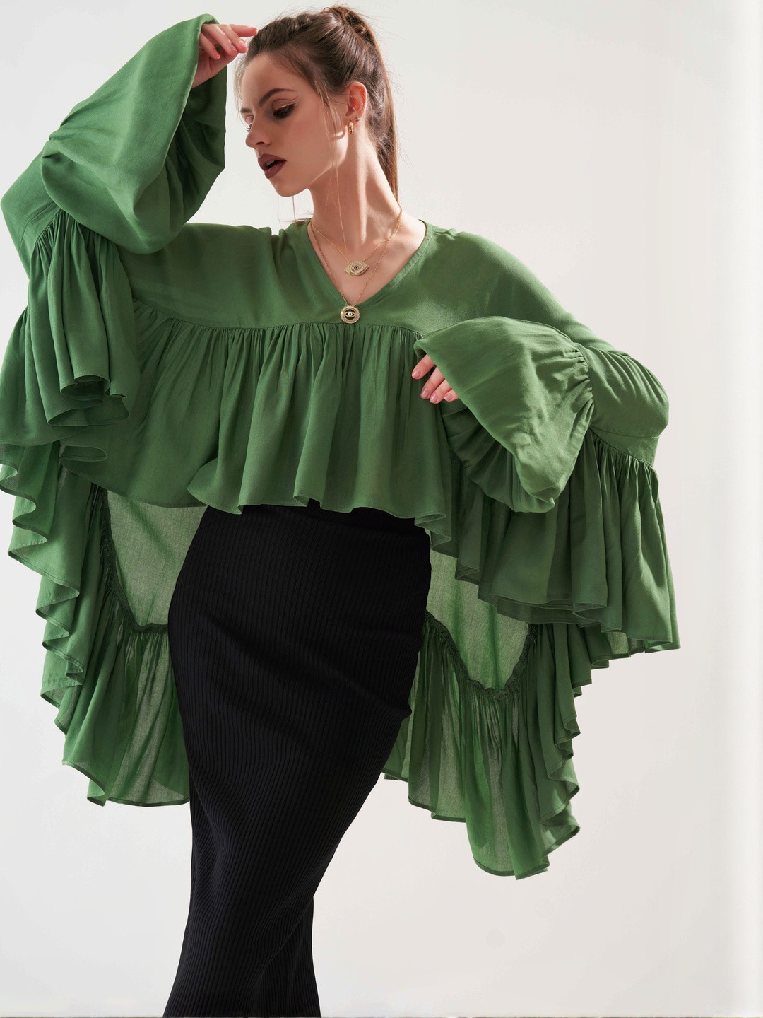 BOONS n PERKKS  Women Flared Sleeve Ruffles Blouson Top