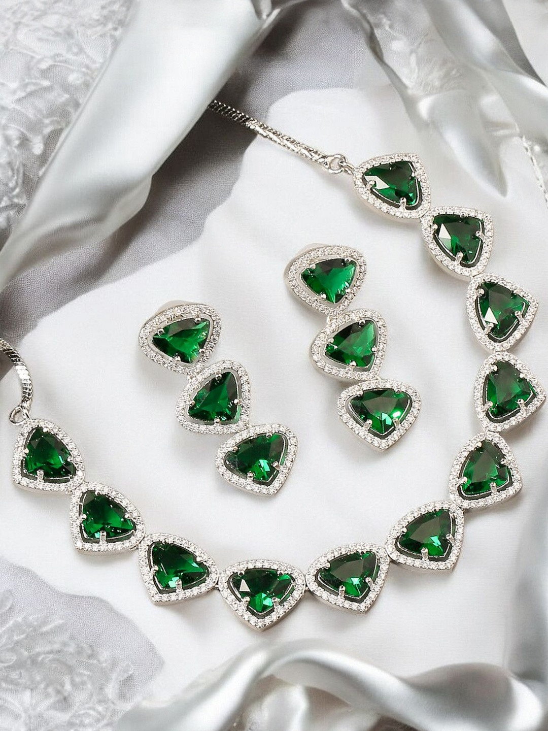 Anouk Green American Diamond Triangle Drop Pendant Jewellery Set