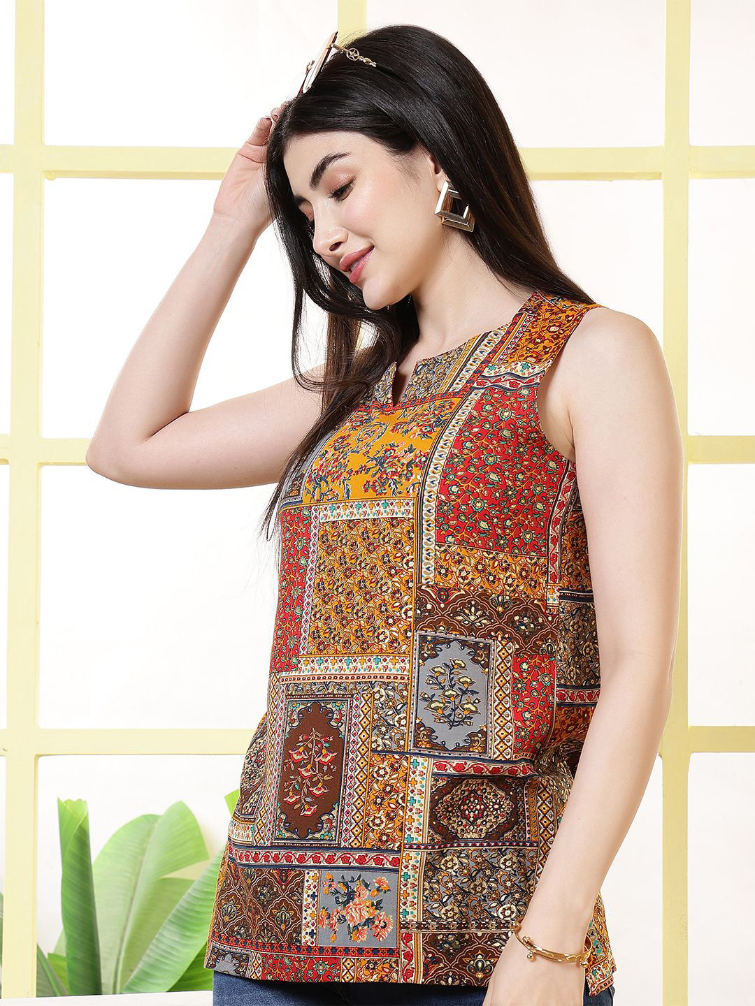 KALAMIR Women Ethnic Motifs Printed Keyhole Neck Top