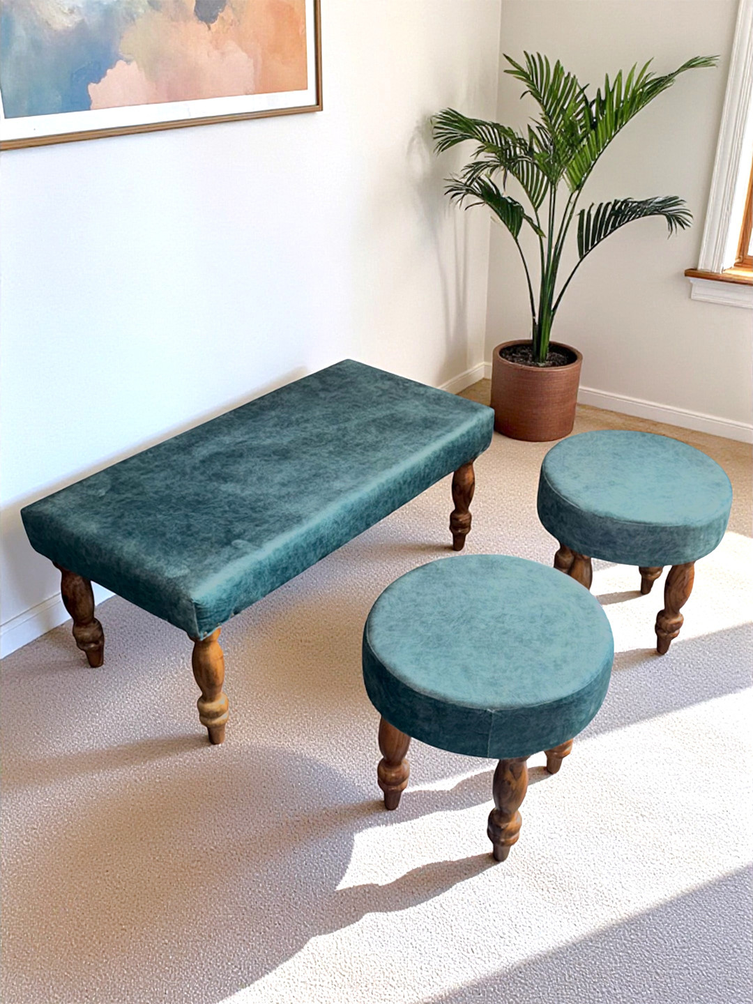 Ikiriya Sheesham Wood Accent 2+1+1 Seater Bench Set With 2 Stools In Blue Sued Fabric