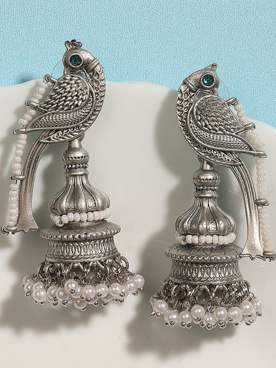 Azita Silver-Plated Pearls Beaded Oxidised Peacock Shaped Jhumkas