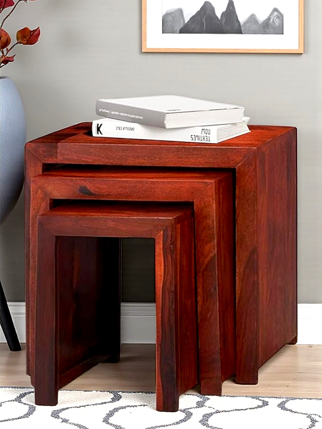 Ikiriya Oakland Sheesham Wood Contemporary Set Of 3 Nesting Tables In Honey Finish