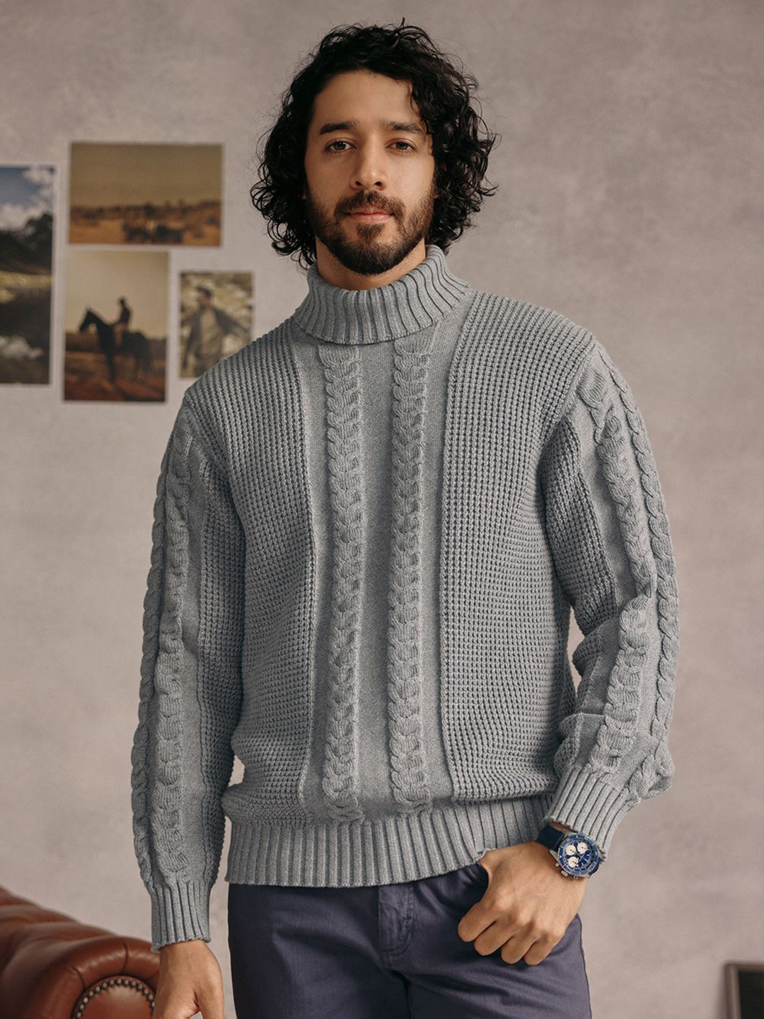 Andamen Escape Men Cable Knit Turtle Neck Long Sleeves Cotton Pullover Sweaters