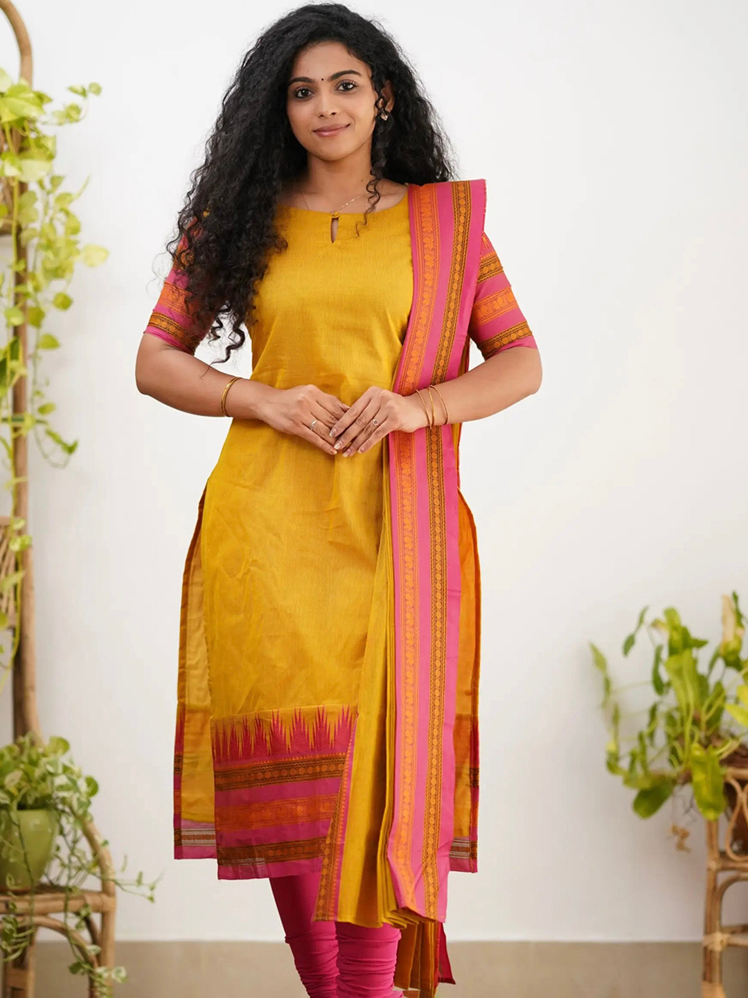 Shriyangan Floral Woven Design Zari Pure Kanchi Cotton Kurta With Dupatta