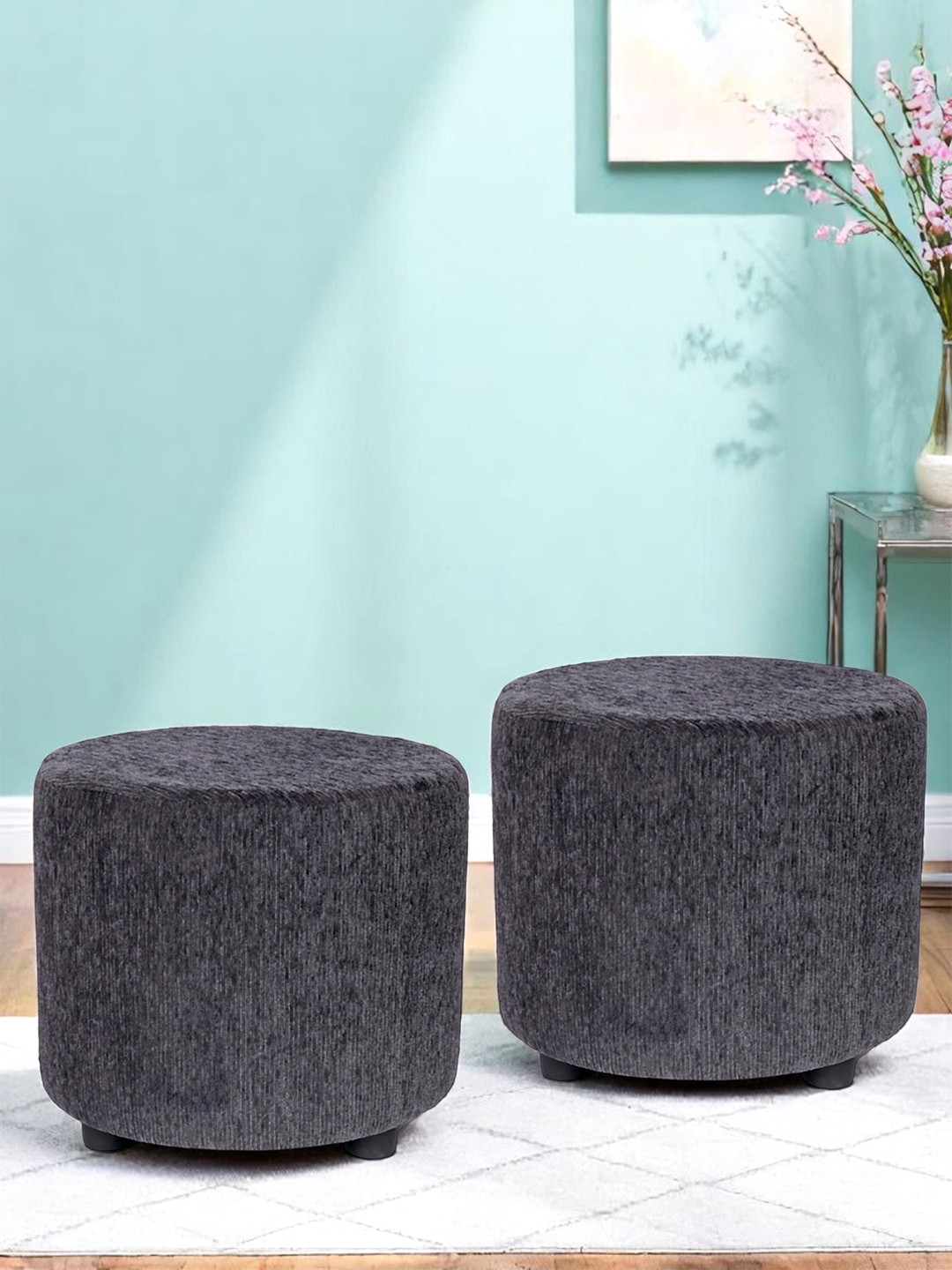 Ikiriya Solid Wood Round Set Of 2 Pouffees In Anchor Grey Mossy Fabric Upholstery
