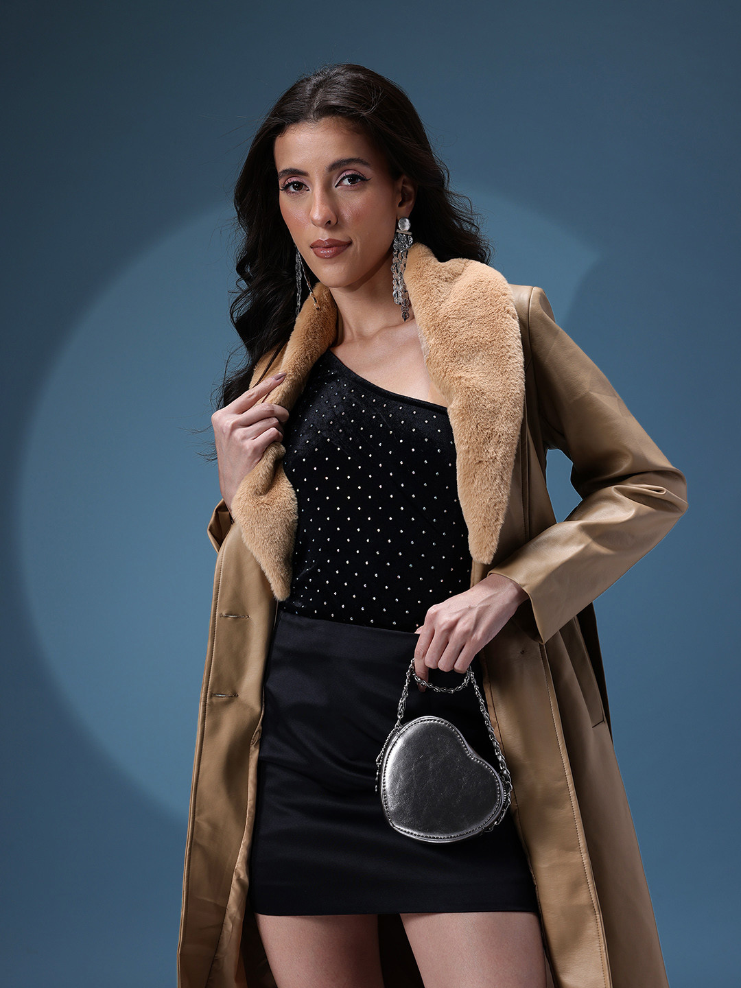 bebe PU Longline Coat With Detachable Faux Fur Collar & Belt