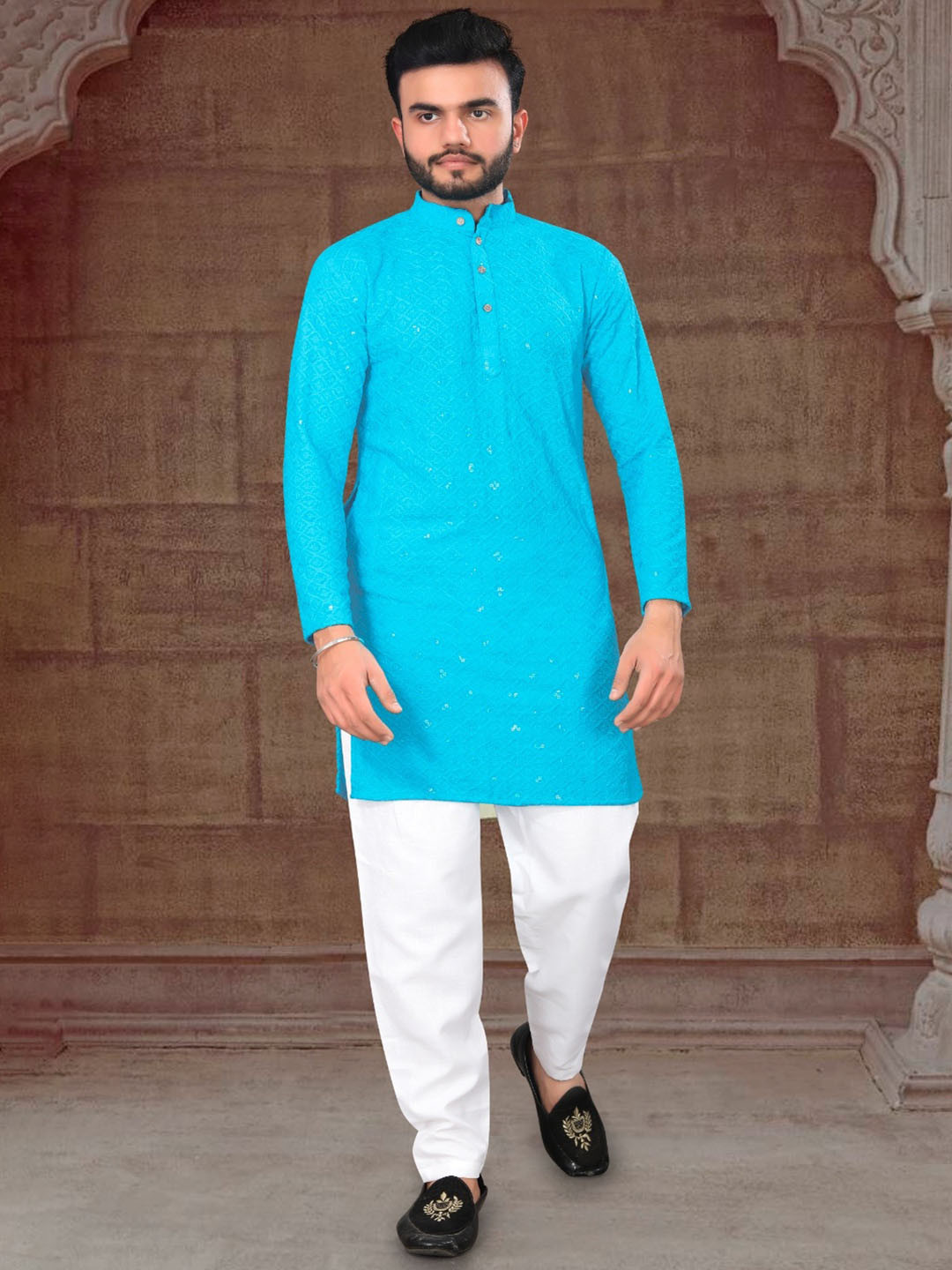 Riddhi Siddhi Enterprises Men Embroidered Mandarin Collar Chikankari Kurta