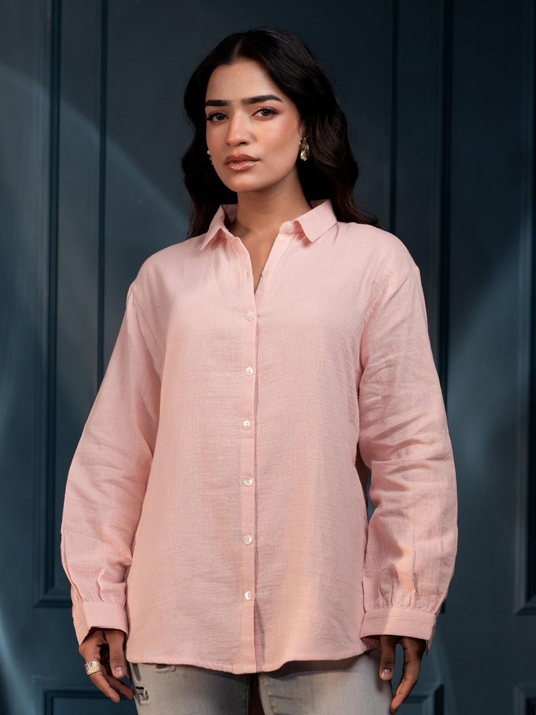Juniper Women Comfort Relaxed Fit Textured Spread Collar Pure Cotton Casual Shirt