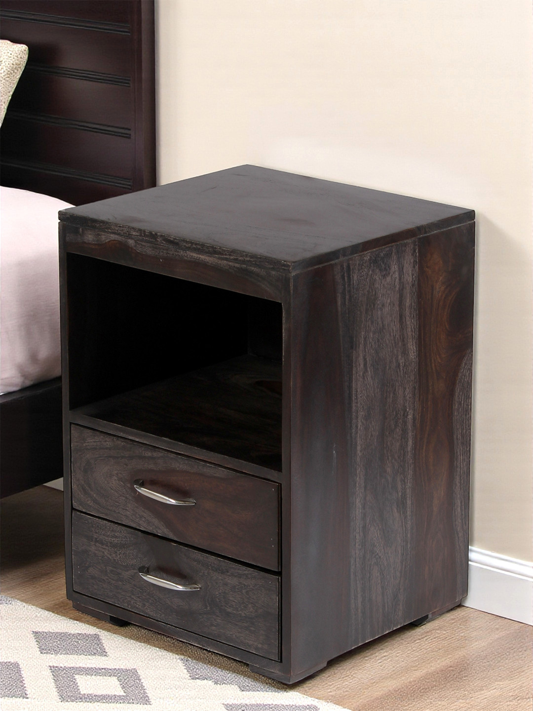 Ikiriya Kassel Sheesham Wood Contemporary Bedside Table/ End Table In Dark Mahagony Finish