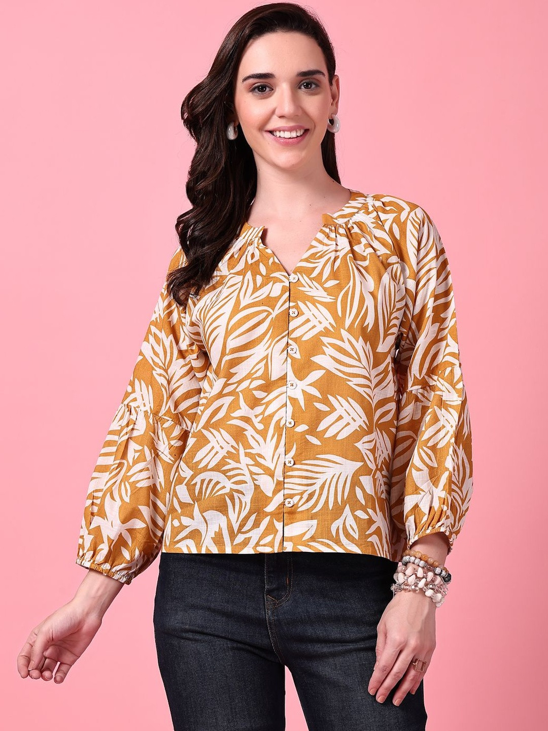 Nomad Lifestyle Tropical Print Bishop Sleeves Regular Top