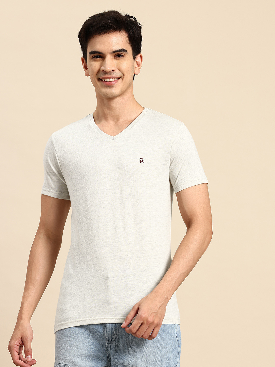 United Colors of Benetton Brand logo Detail Melange Effect V-Neck T-shirt