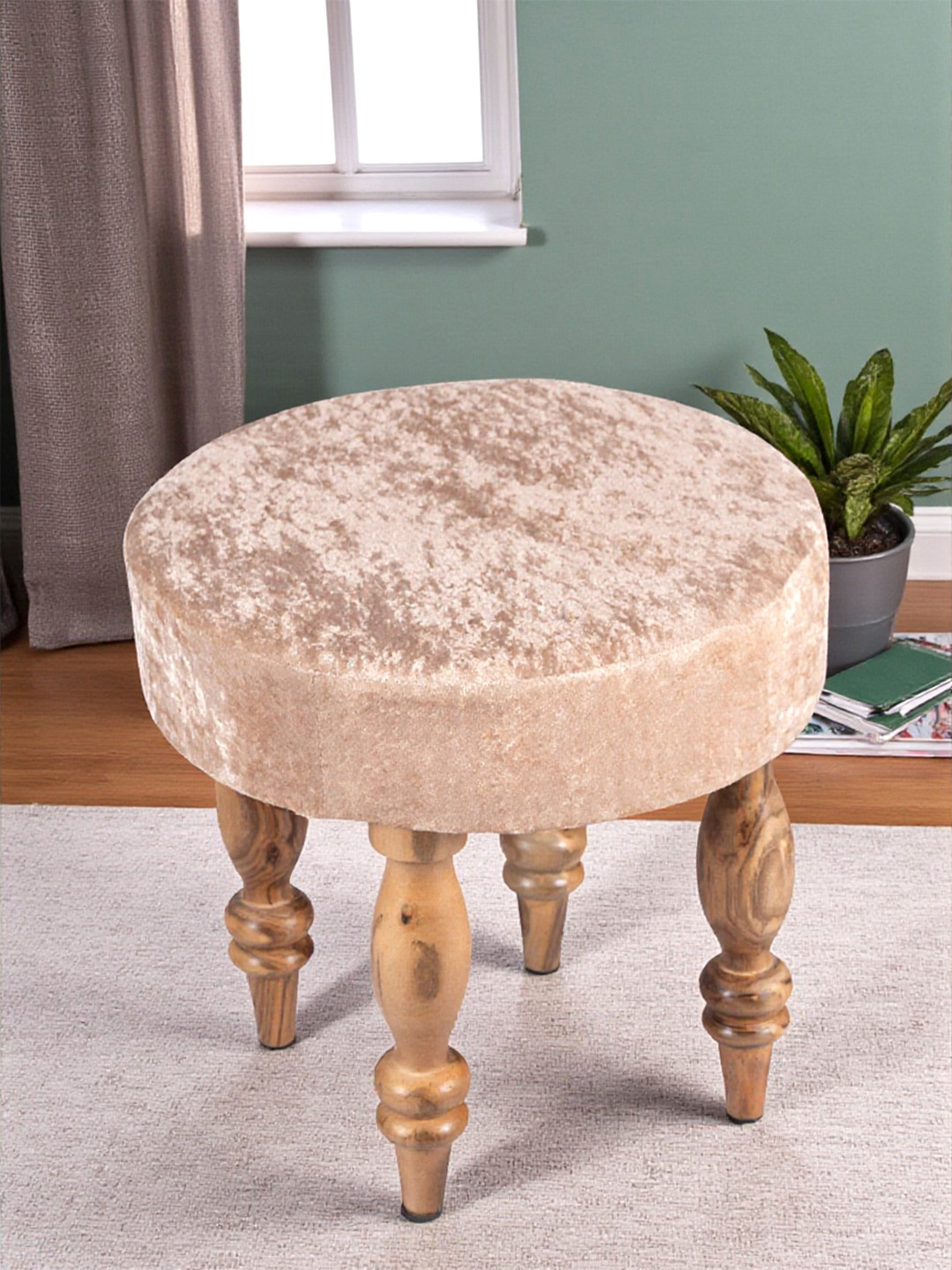 Ikiriya Roswell Sheesham Wood Contemporary Round Stool In Beige Sparkle Velvet Upholstery