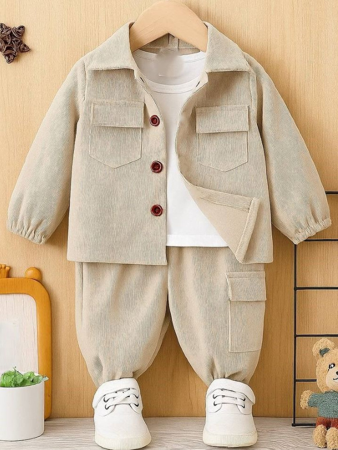 Ocvito Boys Beige Pure Wool Solid Shirt Collar Casual Clothing Set