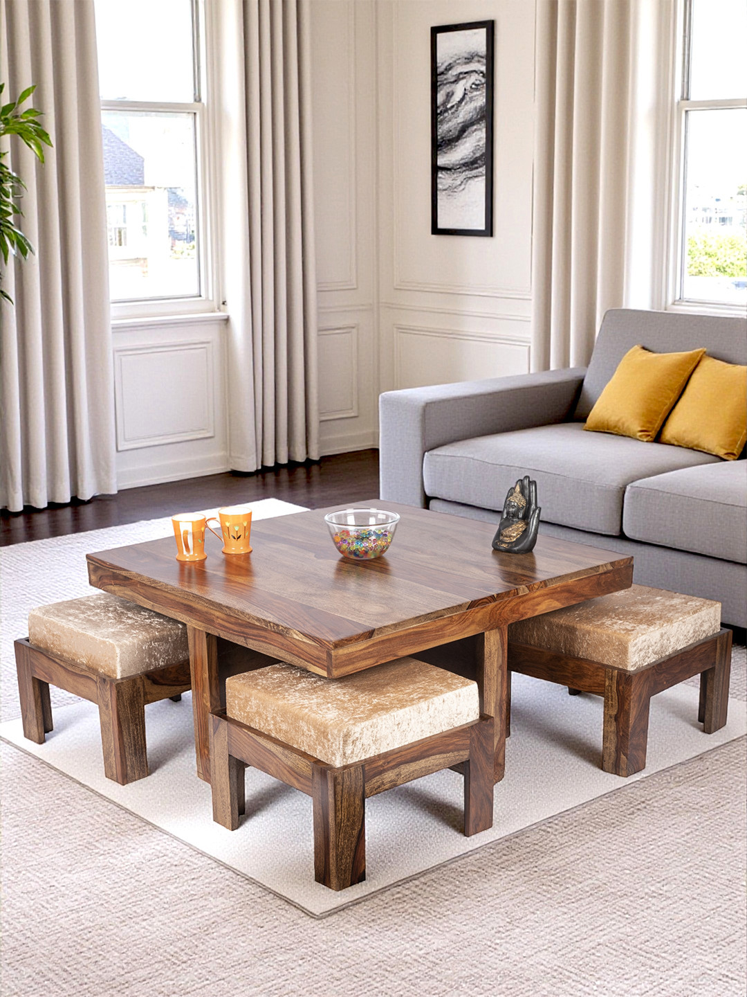 Ikiriya Sheesham Wood Accent Coffee Table Set In Teak Finish