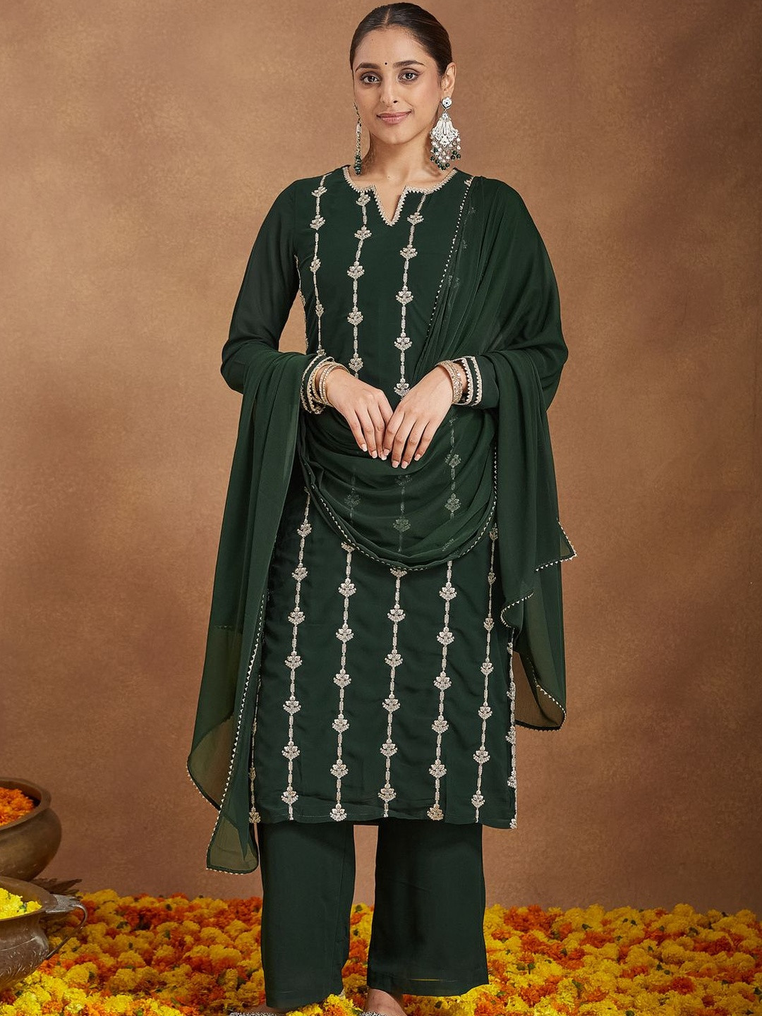 Janasya Women Green Georgette Zari Embroidered Straight Kurta with Palazzo & Dupatta Set