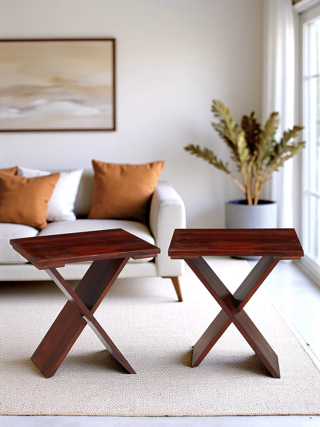 Ikiriya Sheesham Wood Set Of 2 Tea Tables / Corner Tables / Bedside Table In Honey Finish